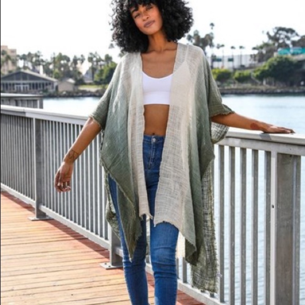 Cotton Boho Kimono Sage Green Ombre Raw Edge